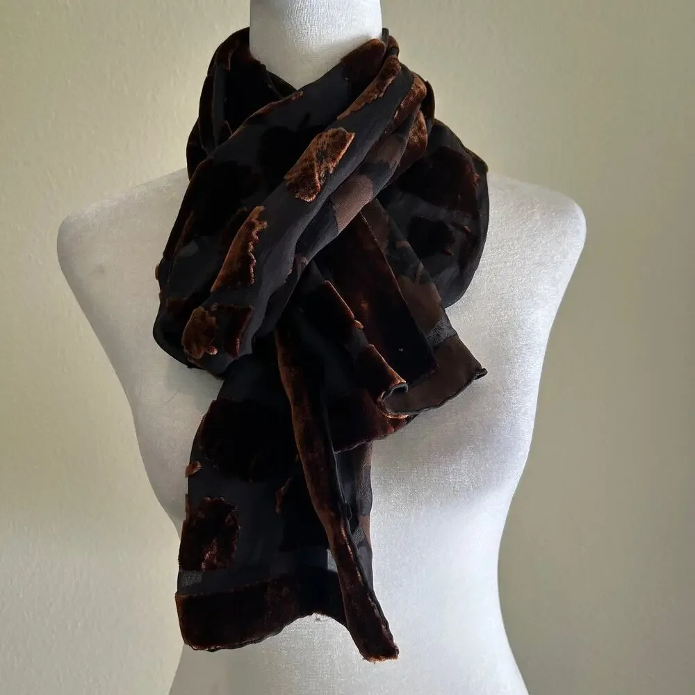 Silk Velvet Burnout Scarf Brown Leaf Floral Wrap Sheer Luxury Shawl Elegant